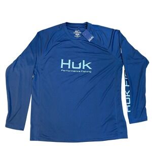 Huk Performance Fishing Mens Long Sleeve Shirt Blue Graphic Tee Size L NWT